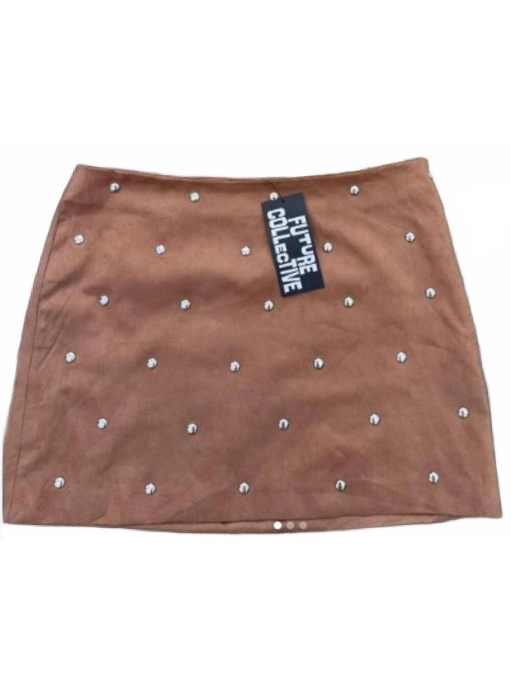 Future Collective Studded Faux Suede Mini Skirt Women  Brown Boho Size 24